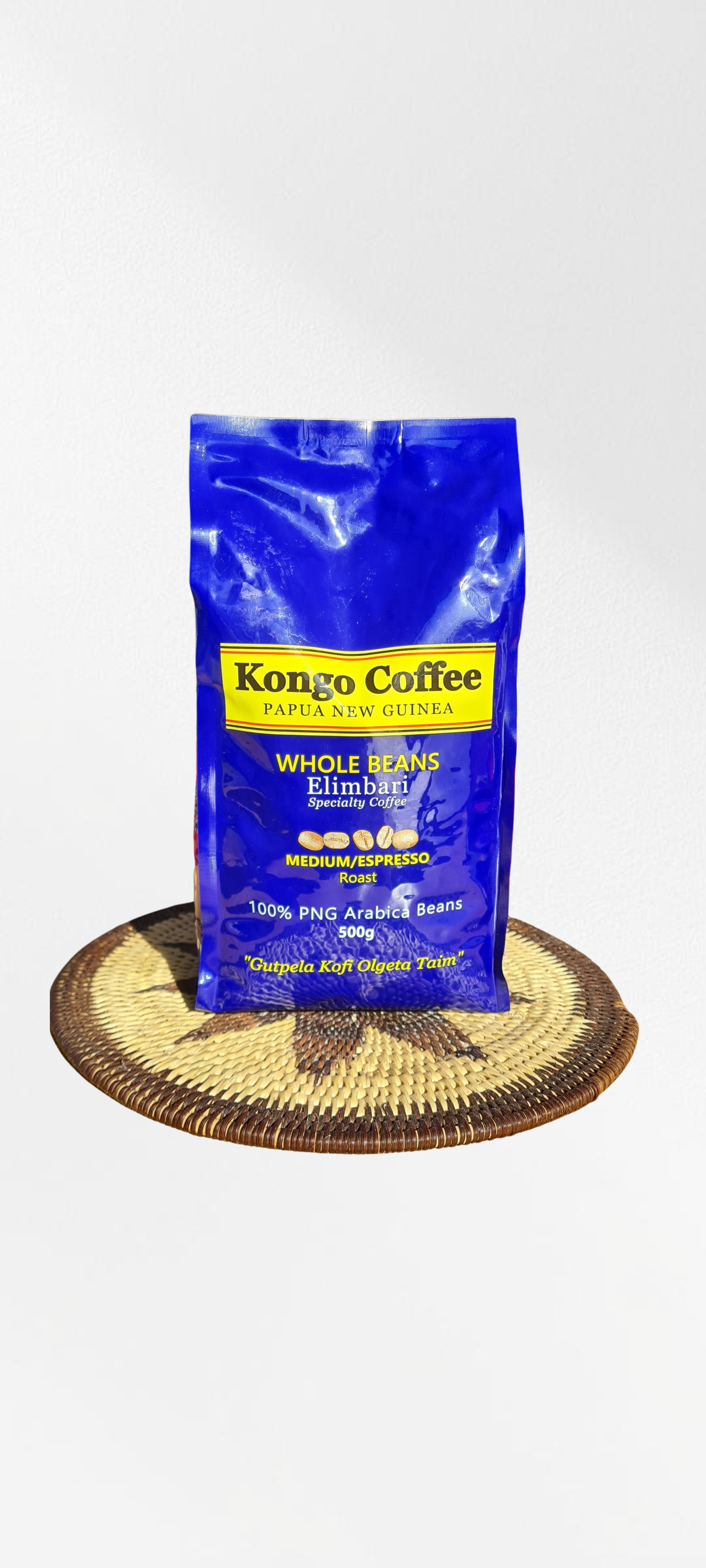 Kongo Coffee Elimbari Organic Single Origin PNG Coffee Beans, 500g Beans Front Packet