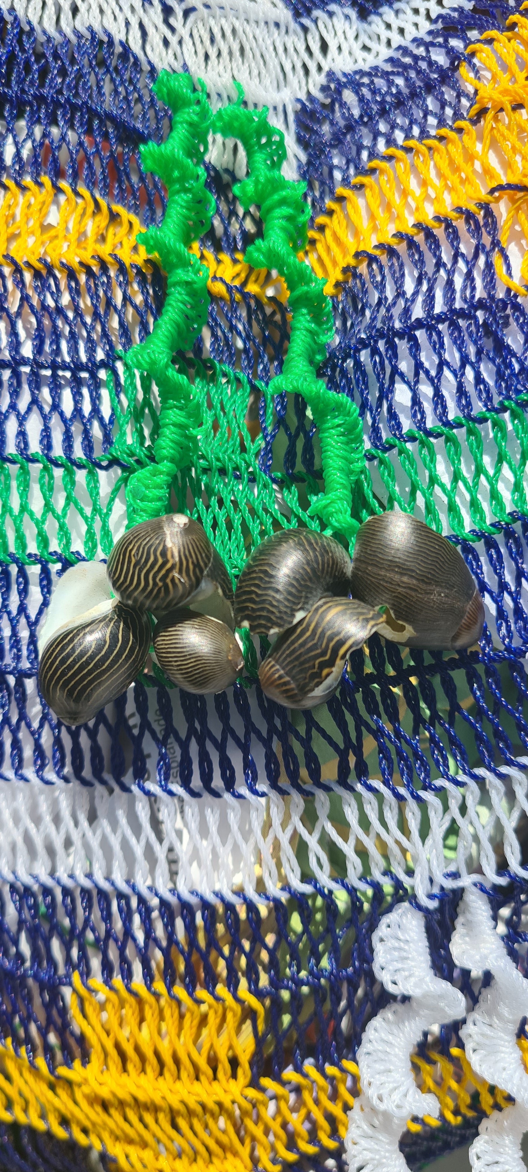 Handmade Morobe Nylon String Bilum Bag with Blue pattern on light background, Close up view of Green tassel and shells