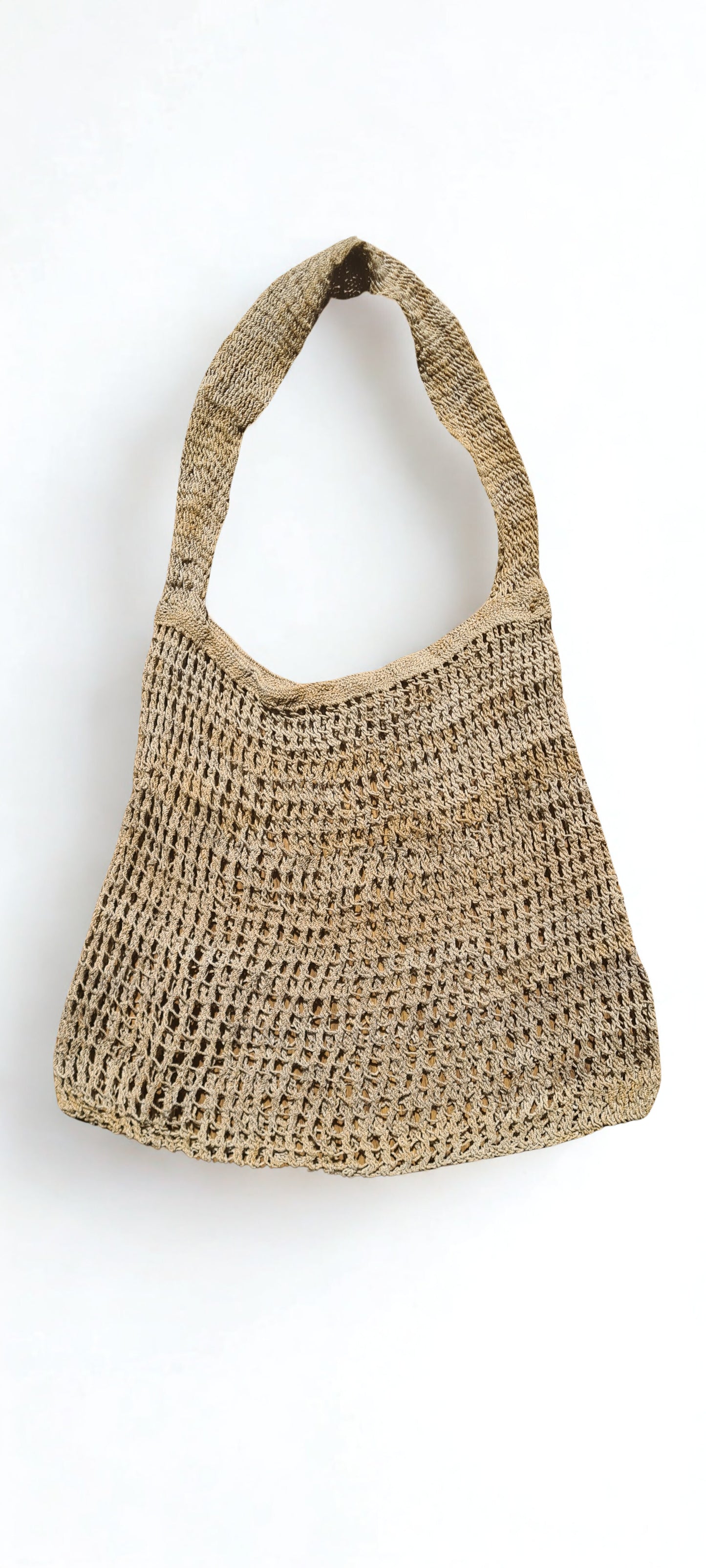 Handmade Natural Fibre Tulip Bilum Bag with Beige pattern on light background, Flat Lay Front view