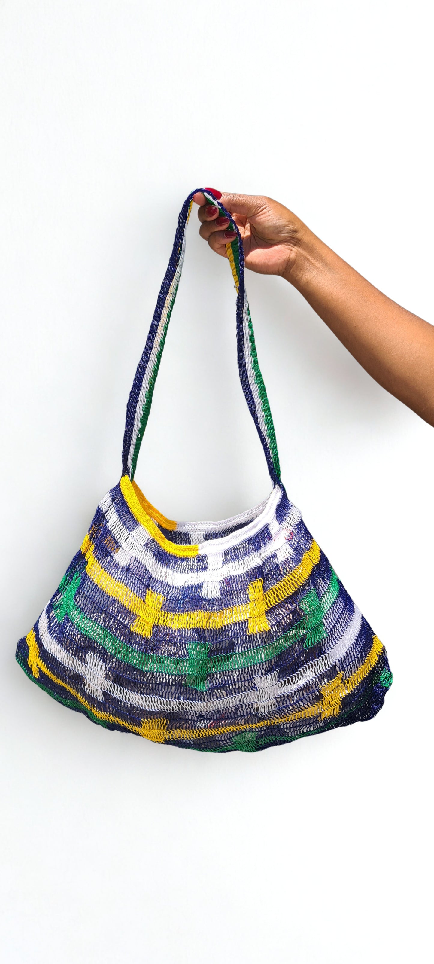 Handmade Morobe Nylon String Bilum Bag Blue pattern on light background, Back view