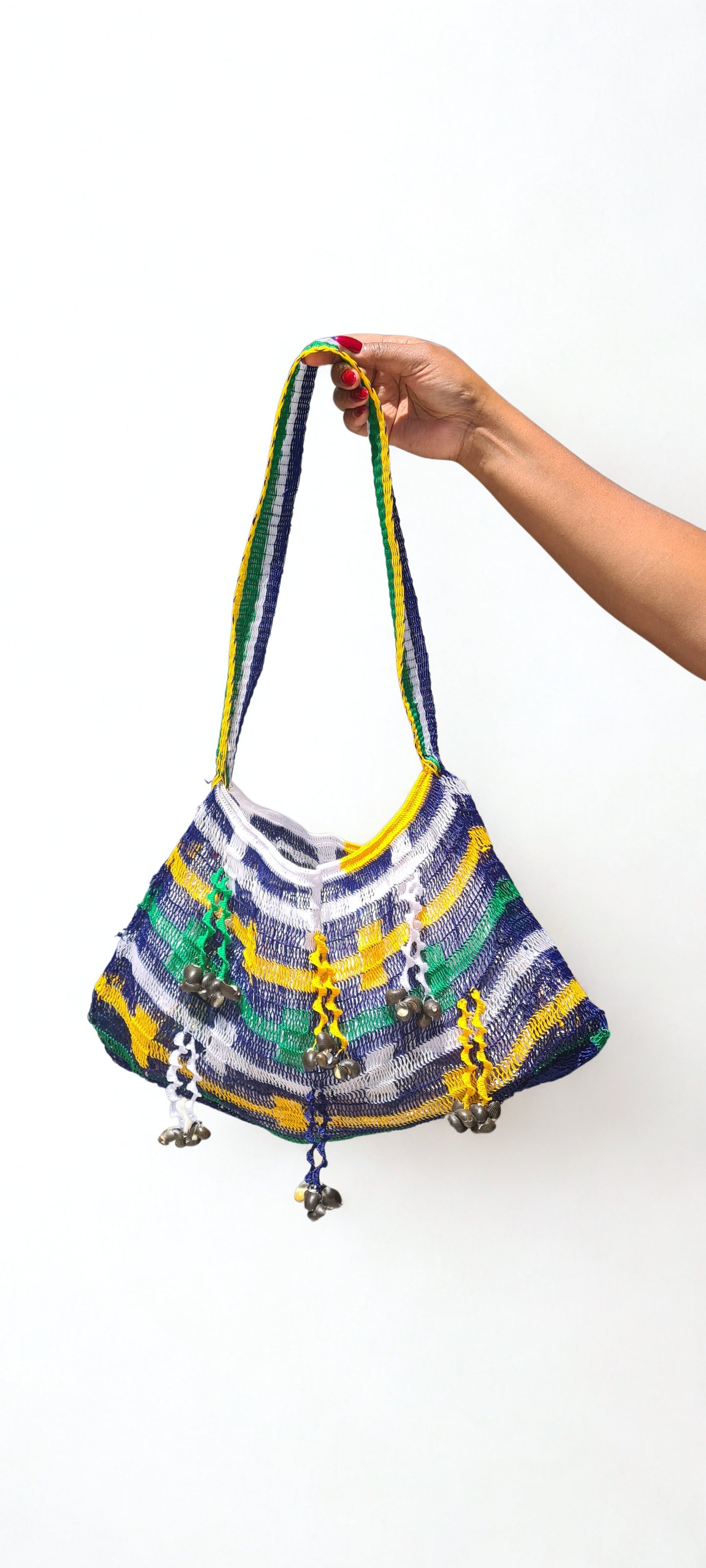 Handmade Morobe Nylon String Bilum Bag with Blue pattern on light background, Front view