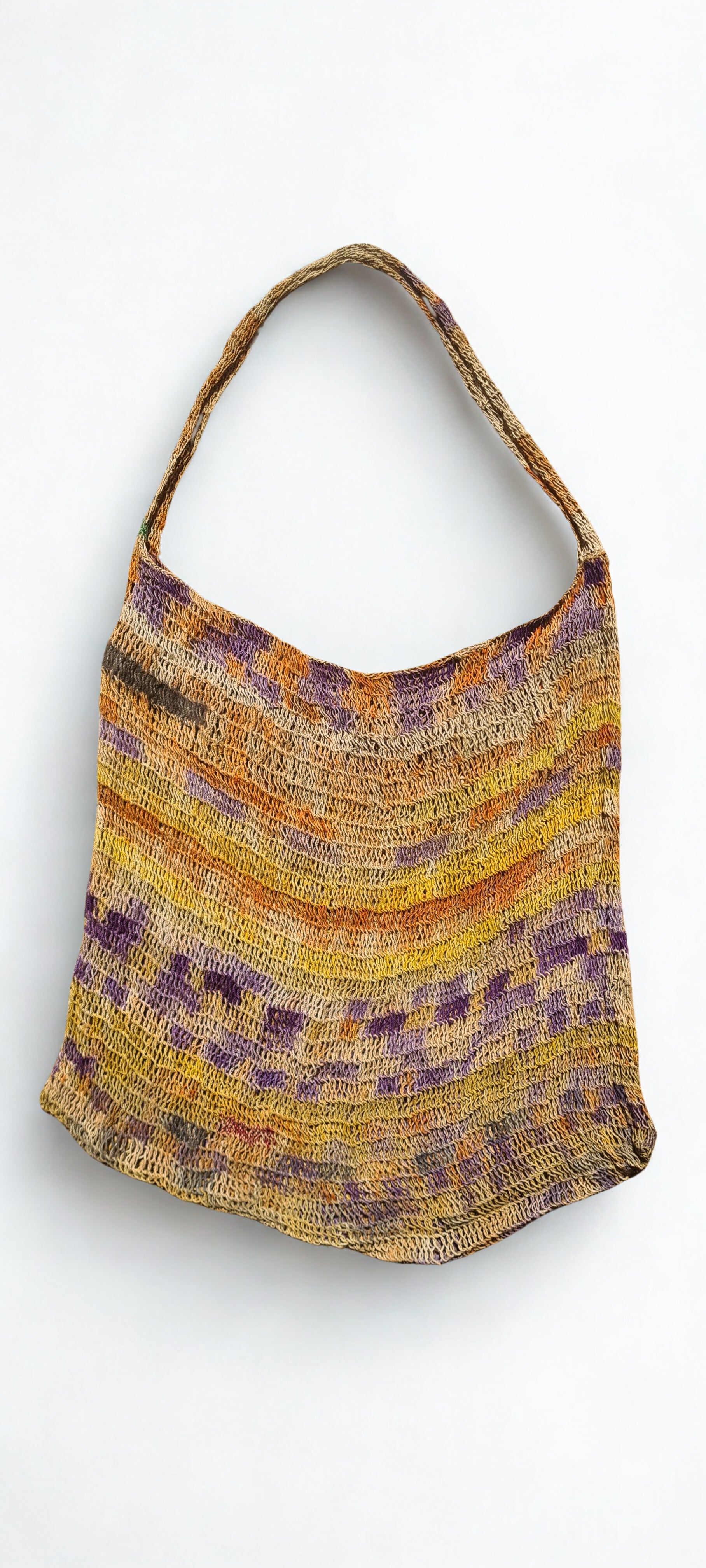 Handmade Natural Fibre Tulip Bilum Bag with Lavender pattern on light background, Flat Lay Front view