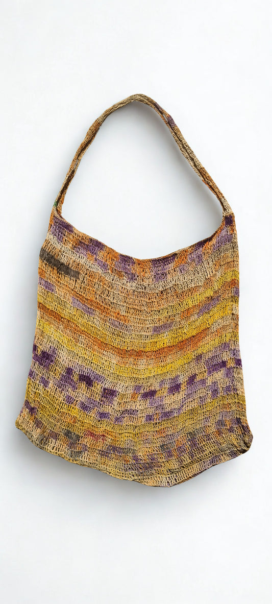 Handmade Natural Fibre Tulip Bilum Bag with Lavender pattern on light background, Flat Lay Front view