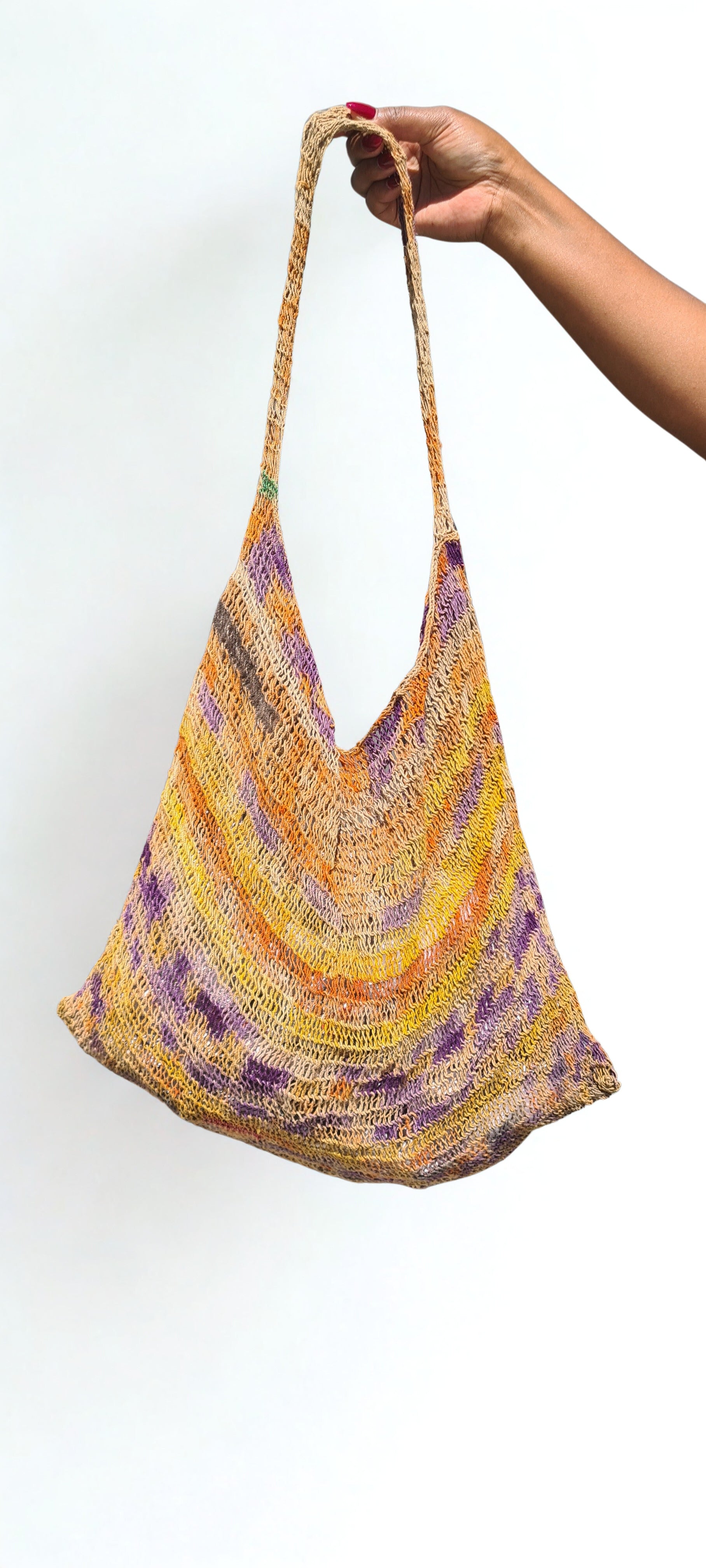 Handmade Natural Fibre Tulip Bilum Bag with Lavender pattern on light background, Hanging Front view